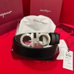 1:1 Ferragamo Black Leather Belt with Silver Logo Buckle Palladium Plated Buckle 3.5cm